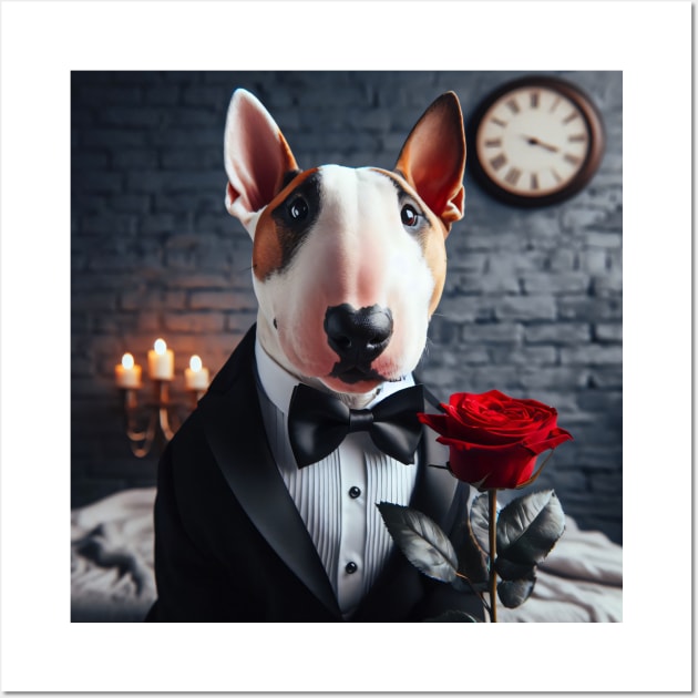 Bull terrier dog in formal tuxedo with rose and candlelight Wall Art by nicecorgi